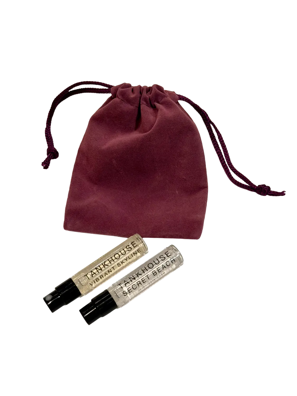 Burgundy Tankhouse Discovery Set pouch with Secret Beach and Vibrant Skyline 2 mL sample vials